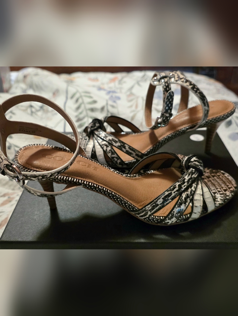 Coach Black and White Snake-Print Knotted Strap Heels